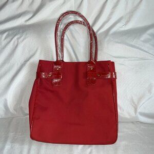 Estee Lauder Red Tote Bag With Glossy Handles & Spacious Interior Sophisticated